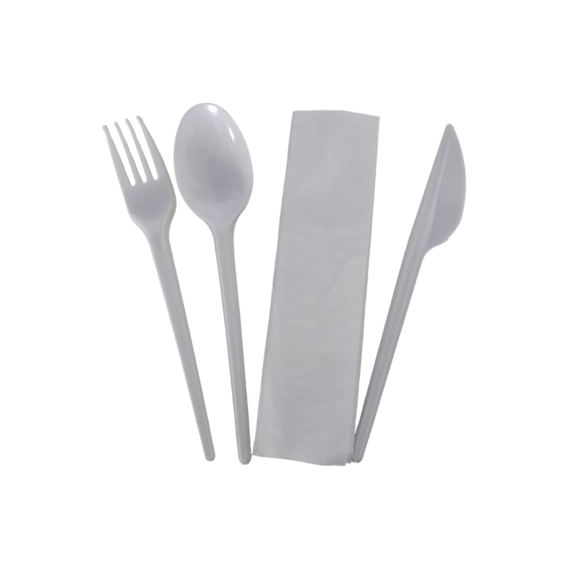 Zestaw widelec + nóż + łyżka + serwetka białe '250