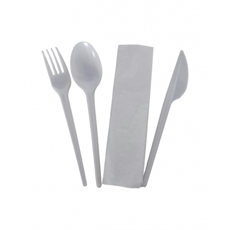 Zestaw widelec + nóż + łyżka + serwetka białe '250